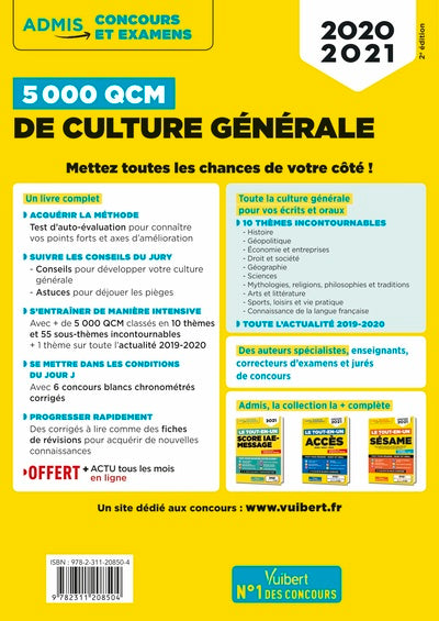 5000 QCM de culture générale + Actu en ligne mois par mois: Concours et examens 2020-2021