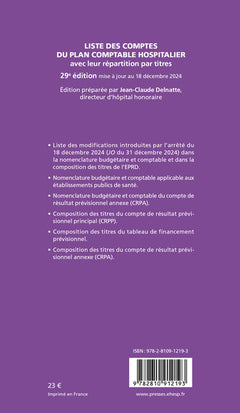 Liste des comptes du plan comptable hospitalier avec leur répartition par titres