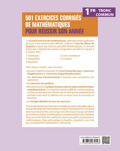 501 exercices corrigés de mathématiques - Première Tronc commun - Programme 2023