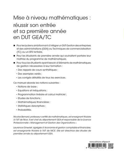 Mise à niveau Mathématiques : réussir son entrée et sa première année en DUT GEA/TC