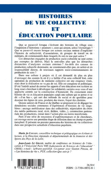 HISTOIRES DE VIE COLLECTIVE ET EDUCATION POPULAIRE