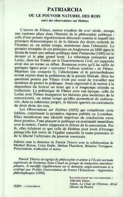 Patriarcha ou le pouvoir naturel des rois suivi des observations sur Hobbes