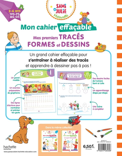 Sami et Julie Maternelle - Mon cahier effaçable - Mes premiers tracés, formes et dessins