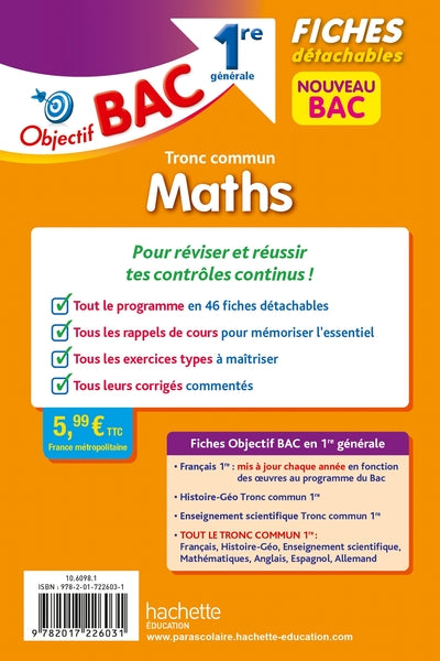 Objectif BAC Fiches détachables Maths Tronc commun 1re générale