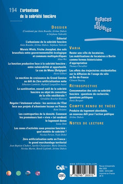 Espaces et sociétés 194- L'urbanisme de la sobriété foncière