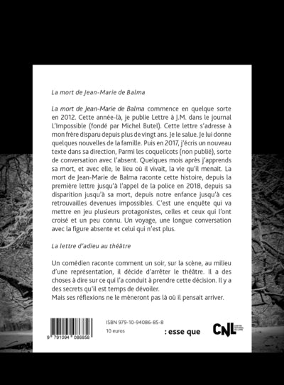 La mort de Jean-Marie de Balma , La lettre d’adieu au théâtre
