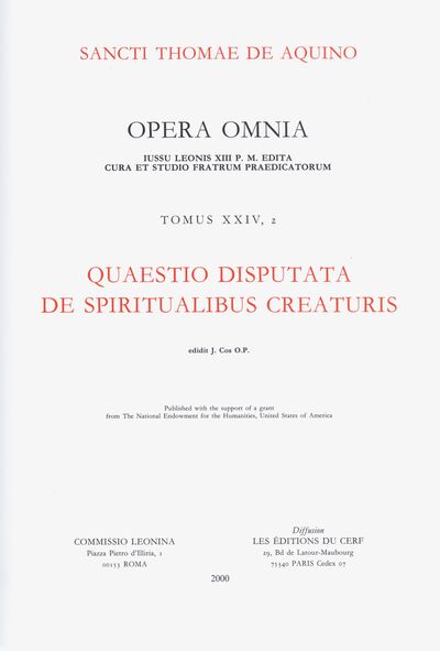 Tome 24,2 Quaestio Disputata de Spiritualibus Creaturis